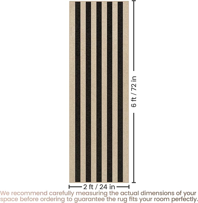 Washable Striped Easy Jute Runner Rug, 2x6 Black Boho Geometric Outdoor Indoor Patio Rug, Low Pile Lightweight Non Slip Neutral Long Runner Carpet Mat for Hallway Kitchen 6ft Entryway Porch Farmhouse