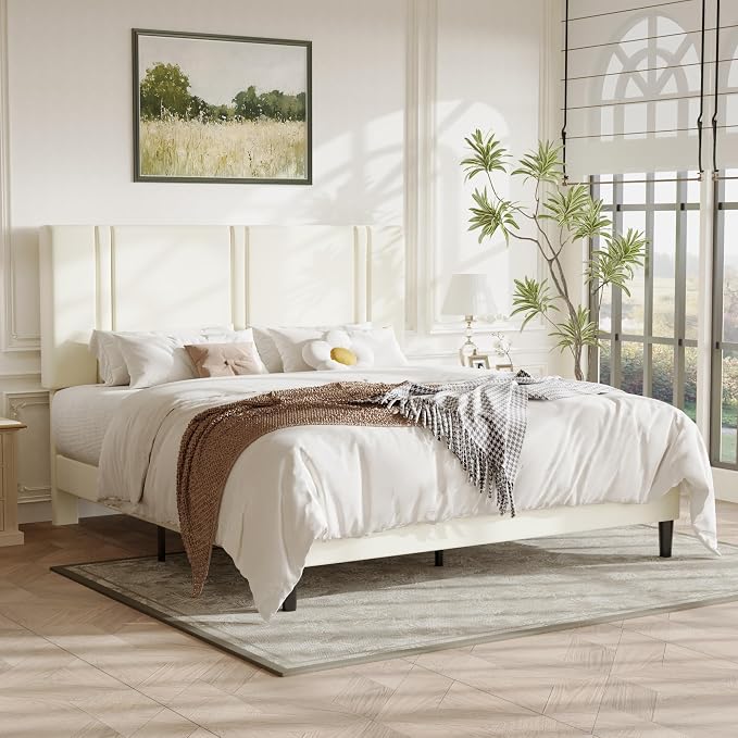 Allewie California King Size Platform Bed Frame with Adjustable Headboard | Plush Velvet Upholstered, Vertical Channel Tufted, Sturdy Wood Slats, No Box Spring Needed, Easy Assembly, Cream
