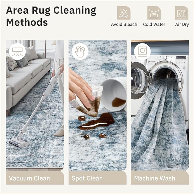 5x8 Area Rugs Blue/Grey Low Pile Indoor Washable Trendy Faded Style Rugs for Bedroom Living Room Dining Room Foldable Non-Slip Thin Print Home Office Mat