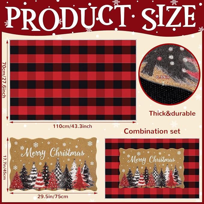 Fourluoo 2 Piece Christmas Door Mat Combo Set Outdoor Christmas Rugs 28 x 40 Inch Red White and Black Plaid Welcome Mat Non Slip Xmas Tree Layering Front Door Rug for Indoor Outdoor Entrance Porch