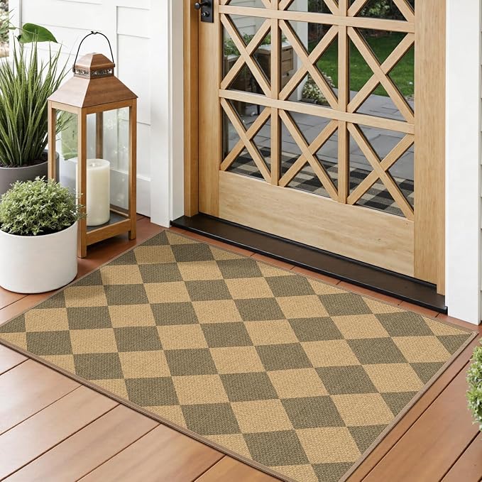 Lessymo Entryway Rug 2x3, Washable Easy Jute Checkered Indoor Outdoor Rug | Non Slip Front Door Mats for Kitchen Porch Bathroom Bedroom Bedside, Farmhouse Carpet, Kid Pet Friendly, Diamond Brown/Beige