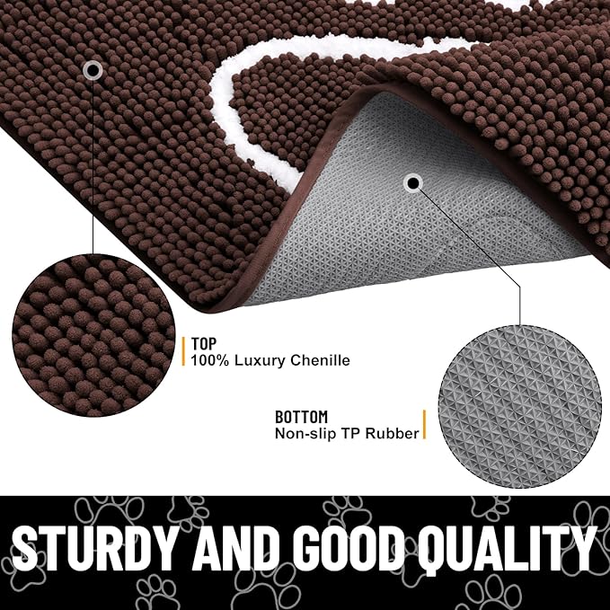 Smiry Dog Door Mat for Muddy Paws, Absorbent Dirt Trapper Non Slip Quick Dry Washable Chenille Mat for Mud Dogs, Entry Rug for Indoor and Outdoor (59x24 Inches, Brown and White)