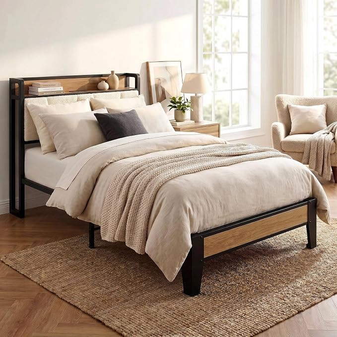 LIKIMIO Twin Bed Frames, Storage Headboard with Charging Station, Solid and Stable, Noise Free, No Box Spring Needed, Easy Assembly, Wood and Cream