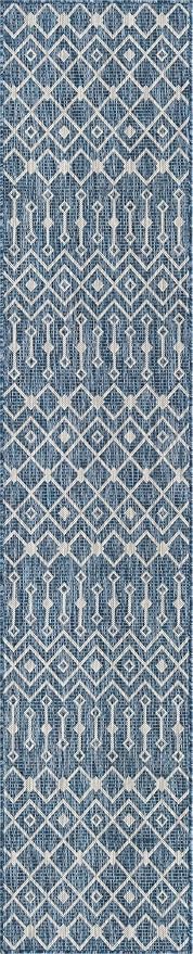 Unique Loom Outdoor Trellis Collection Area Rug - Tribal Trellis (2' x 10' Runner, Blue/ Ivory)