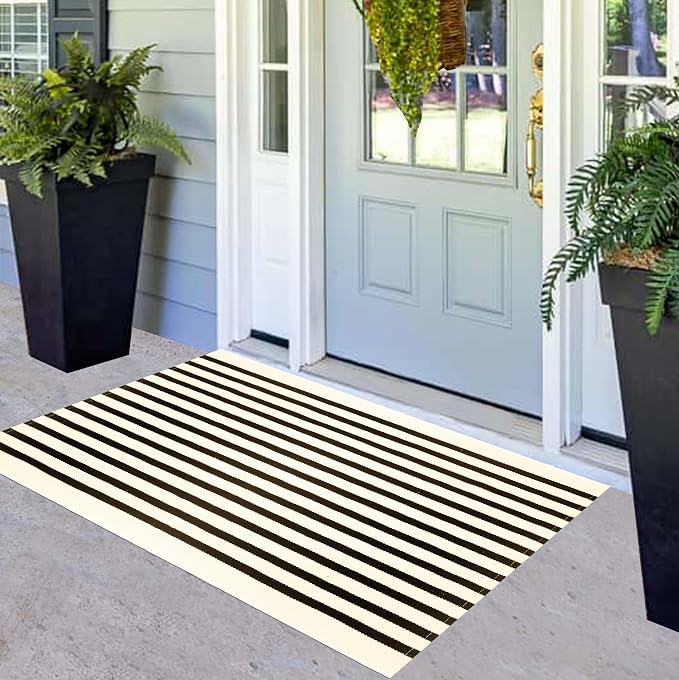 Striped Outdoor Rug 24"x51",Black and Beige Front Door Mat Cotton Woven Washable Farmhouse Layered Door Mats Throw Rugs for Porch/Bedroom/Home Entrance Decor