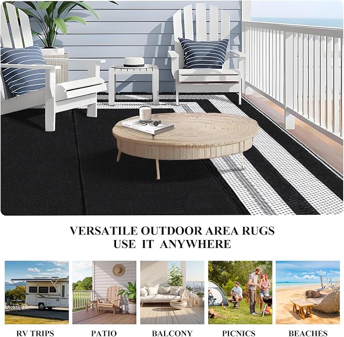 Outdoor Rug 9x18ft Waterproof Reversible Large Modern Black and White Plastic Straw Carpet Lightweight Washable for Patio RV Camping Deck Porch Balcony Backyard Picnic