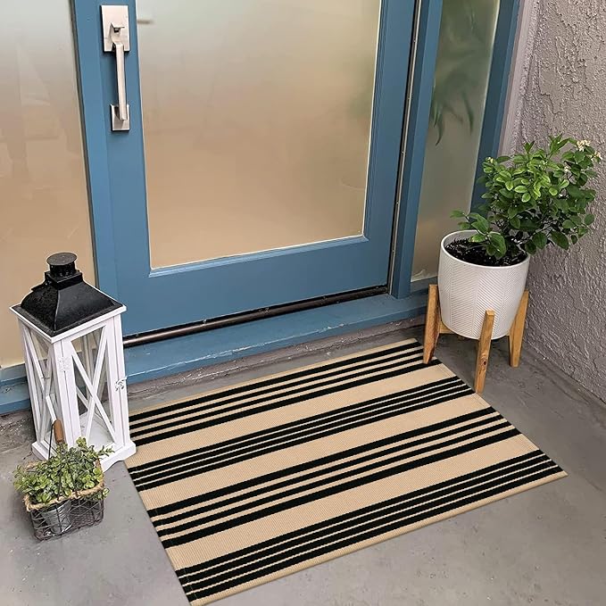 KIMODE Front Door Mats 24"x35", Striped Layered Door Mats Outdoor, Washable Farmhouse Outdoor Porch Fall Decor, Cotton Hand Woven Rugs for Entryway Kitchen Black and Khaki