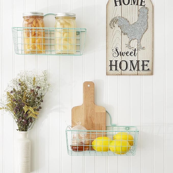 DII Farmhouse Vintage Decor, Wire Wall Basket, Small, Aqua, 2 Piece