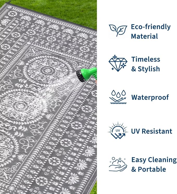 Garvee Reversible Outdoor Rug 6x9 for Patio, Waterproof Outdoor Area Rug, Modern Medallion Indoor Outdoor Rugs, Plastic Straw Rug for RV, Camping, Deck, Vintage Grey