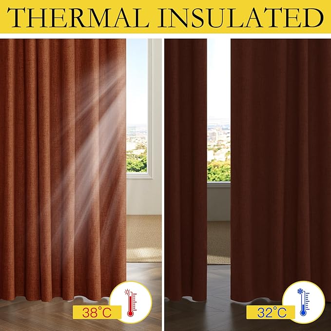 NICETOWN 100% Absolutely Blackout Linen Curtains with Thermal Insulated Liner, 62" Wide, 2 Panels, 108" Long Drapes, Grommet Retro Burnt Orange Linen Curtains Vertical Drapes Privacy for Bedroom