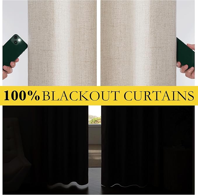 NICETOWN Oatmeal Vintage Open Linen Weave Flax Thermal Curtains, 100% Blackout Curtains 45" Long for Dining Room, Soundproof Window Treatment Drapes for Hall Room, 52" Wide Per Panel, Set of 2