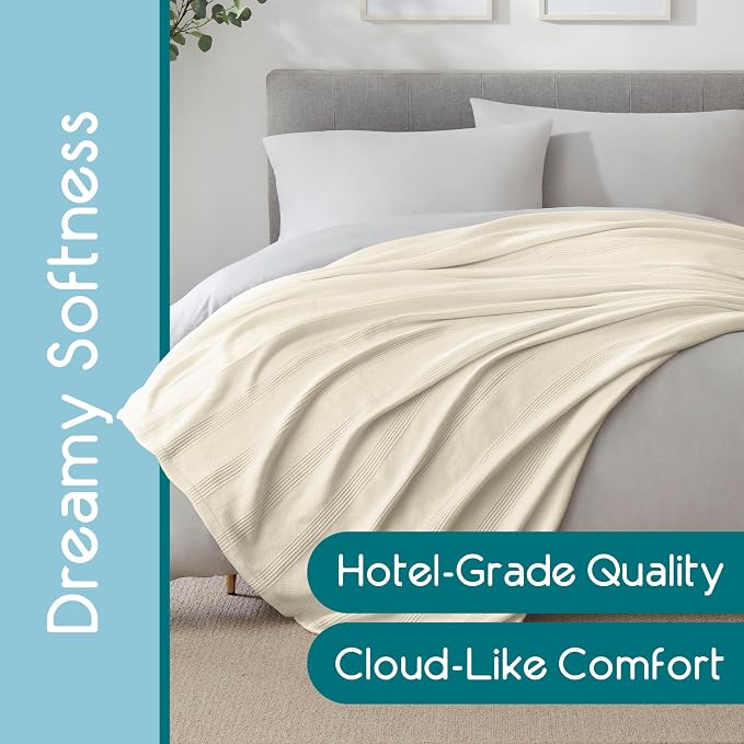 Vellux 100% Cotton Blanket, Twin, 66x90, Ivory | Soft, Breathable Knit, Lightweight, All Season, Machine Washable, Oeko-Tex Certified, Hotel Quality