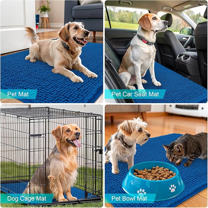 OLANLY Dog Door Mat for Muddy Paws 34x21, Absorbs Moisture and Dirt, Absorbent Non-Slip Washable Doormat, Quick Dry Chenille Mud Mat, Entry Indoor Entryway Carpet for Inside Floor, Deep Navy Blue