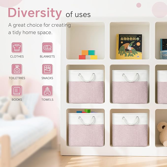 FinishingBo 11 inch Cube Storage Bin with Handles 6 Pack | Foldable Basket, Fabric Storage Bins, Closet Storage, Home Organizer (White/Pink)