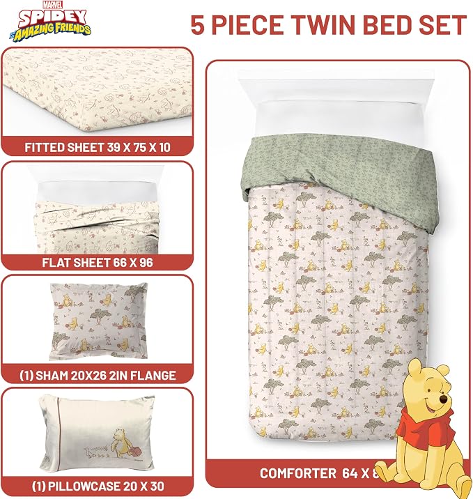 Jay Franco Kids Bed Set, Beige, Winnie The Pooh, 5 Piece Twin | Cozy Soft Bedding for Stylish Room Décor with Comforter, Sheets & Pillow Covers