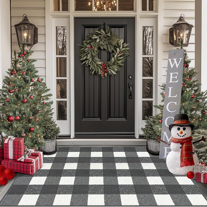 FONEYI Buffalo Plaid Outdoor Rug, 20"x59" Checkered Front Door Mat, Non Slip Absorbent Entryway Rug Doormat Indoor, Washable Outdoor Rugs for Layered Door Mats Front Porch/Farmhouse Grey and White
