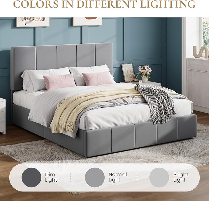 SHA CERLIN Full Size Bed Frame, Velvet Upholstered Platform Bed, Vertical Channel Tufted Adjustable Headboard, Low Profile Bed Frame, No Box Spring Needed, Easy Assembly, Grey