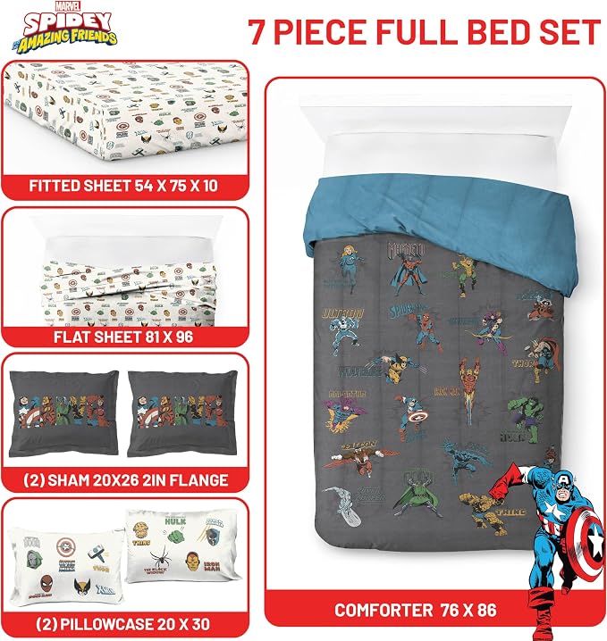 Marvel Comics Avengers Full Size Comforter Set 7 Piece Bedding, Gray | Hulk Captain America, Comforter Sheets Shams Pillowcases, Official Product, Microfiber, Machine Washable, Boys Gift