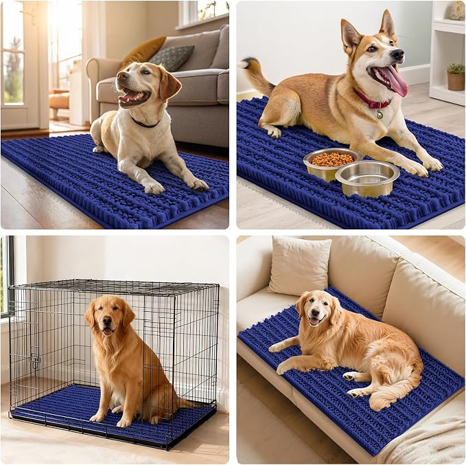 Smiry Dog Door Mat for Muddy Paws 36x24, Absorbent Dirt Trapper, Non-Slip Washable Chenille Entryway Rug for Inside Floor, Navy Blue, Layered Pattern