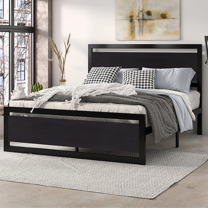 SHA CERLIN Heavy Duty Queen Size Bed Frame with Modern Headboard, Black | Platform Metal Base with Square Footboard and 13 Strong Slats Support, No Box Spring Needed