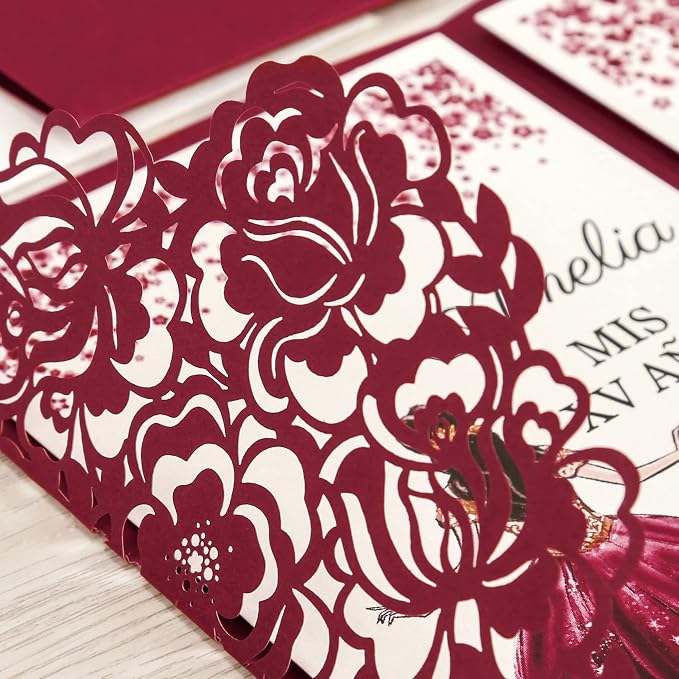 DORIS HOME 50Pcs Personalized Laser Cut Quinceanera Invitations, Burgundy | 4.7"x7.1", Customized Quince Invitations, For 15th Birthday, Sweet 16, With Envelopes