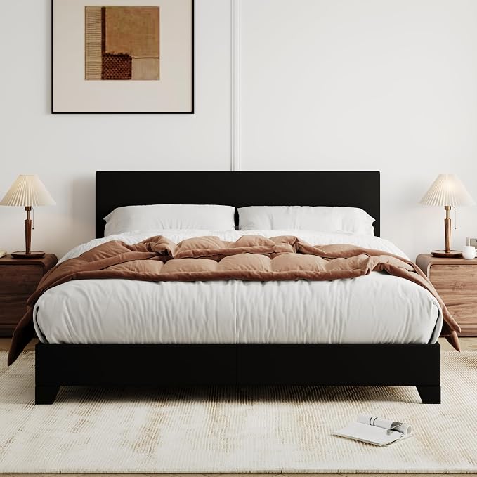 Allewie Queen Size Faux Leather Bed Frame, Adjustable Headboard, Black | Platform Bed with Heavy Duty Mattress Foundation, Noise-Free, Easy Assembly, Wood Slat Support, No Box Spring Needed