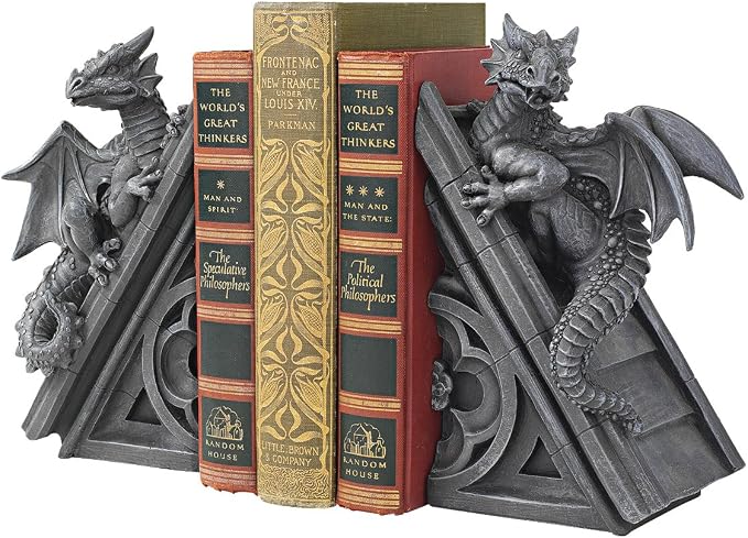 Design Toscano Castle Dragon Gothic Decor Decorative Bookend Statues, 8 Inch, Set of Two, Polyresin, Grey Stone