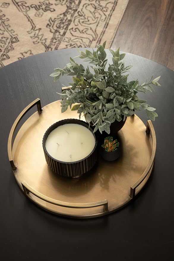 Kate and Laurel Gohana Round Tray with Metal Handles; 16 Inch Diameter; Antique Brass; Modern Glam Serving Tray with Handles for Use as Ottoman Topper or Living Room Decor