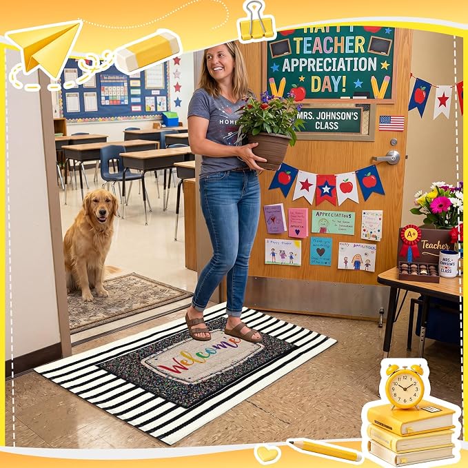 Moucuny 2 Pcs Classroom Doormats Set, Composition Notebook Crystal Velvet Mat Non-Slip Teacher Doormat, Black and White Rug Educational Area Decor for Kindergarten Primary School