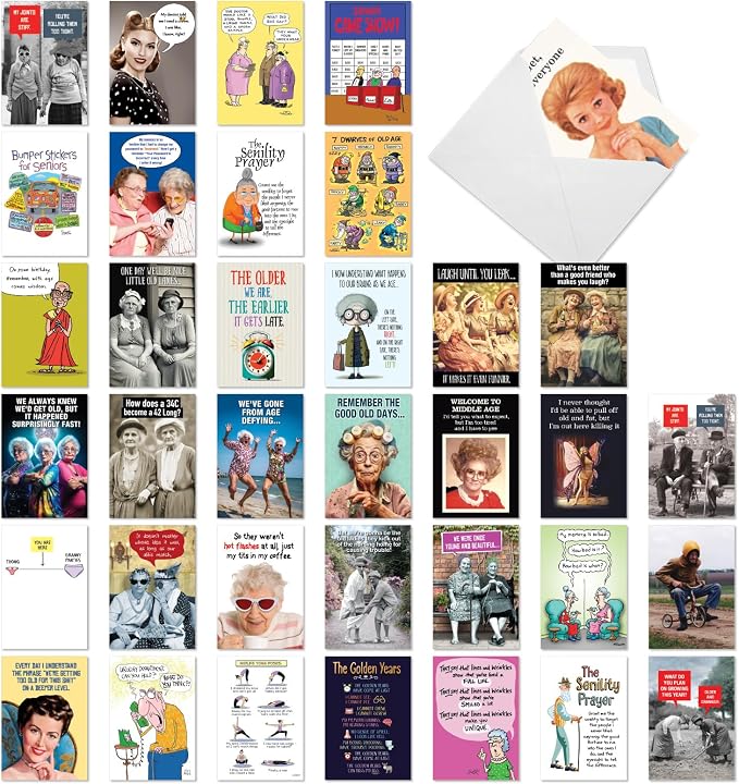 NobleWorks, 36 Assorted Box Set Funny Birthday Greeting Cards w/ 5 x 7 Inch Envelopes for Men and Women (36 Designs, 1 Each) Bday Getting Old AC10798BDG-B1x36