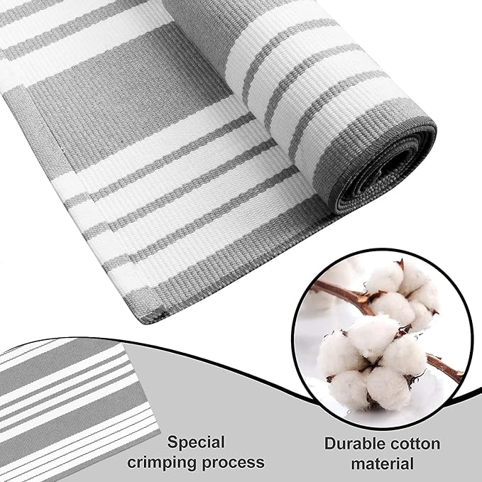 OJIA Front Door Rug 24"x51" Gray and White Striped Outdoor Rug Porch Decor | Machine Washable Porch Rug Front Door Mat Outdoor Indoor Area Rugs Cotton Woven Entry Mat for Home Entrance/Farmhouse Decor