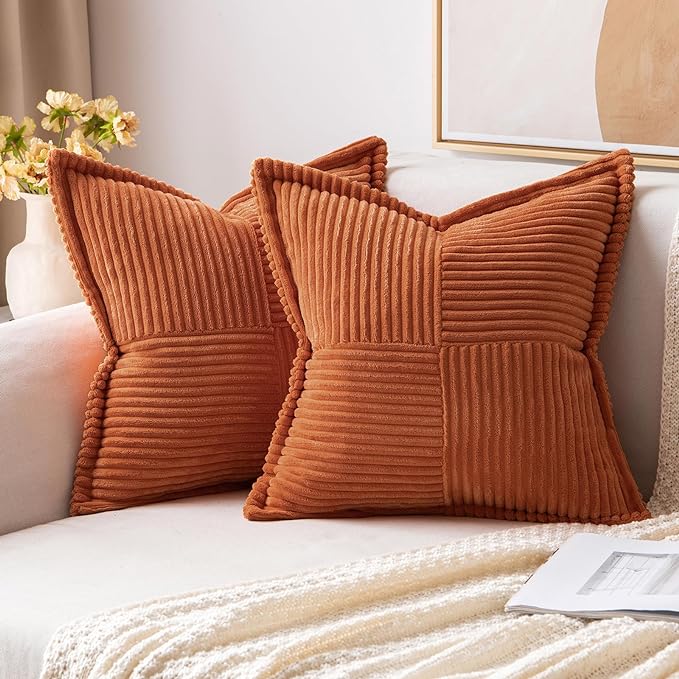 MIULEE Rust Decorative Throw Pillow Covers for Couch Bed Livingroom 18x18 Inch Set of 2 Boho Accent Throw Pllows Broadside Striped Patchwork Soft Corduroy Pillowcases