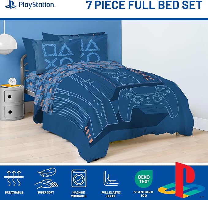 Jay Franco Kids Bed Set, Blue, PlayStation, 7 Piece Full | Cozy Soft Bedding for Stylish Room Décor with Comforter, Sheets & Pillow Covers