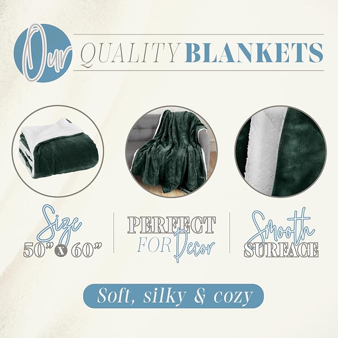 Elegant Comfort Reversible, Solid Sherpa Throw Blanket, All-Season Blanket- Super Soft, Cozy and Plush- Decorative Throw, Perfect for Lounging, 50 x 60 inches, Sherpa Throw Hunter Green