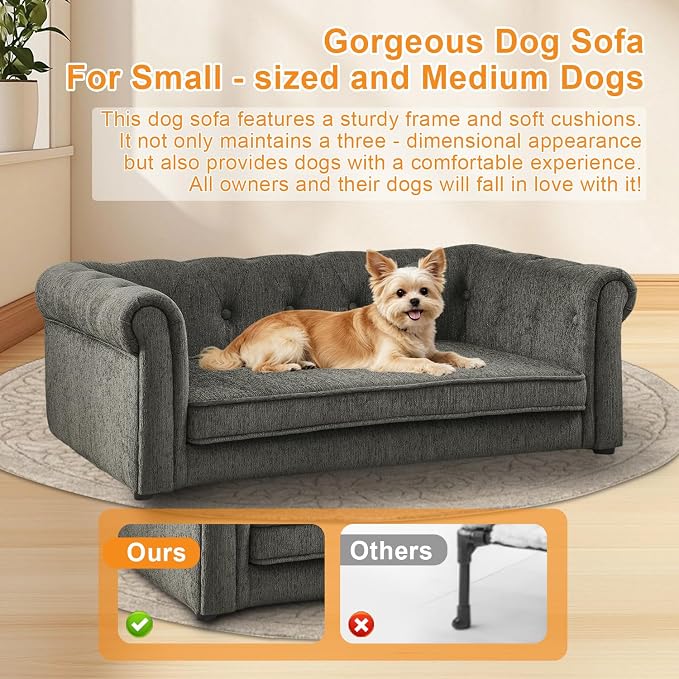 Dog Sofa for Small & Medium Dogs | Removable & Washable | No Assembly Required | Breathable Linen Fabric | Soft Foam |Floor-friendly sofa legs | Dark grey