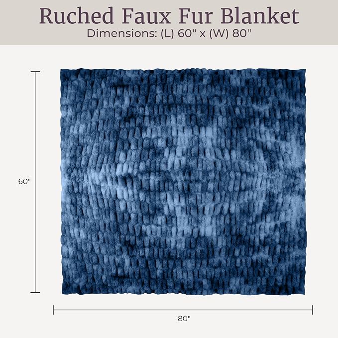Lavish Home Oversized Ruched Faux Fur Blanket, Blue, 60” x 80” | Plush Polyester Faux Fur Queen-Size Throw for Sofas and Beds - Luxurious Bedding