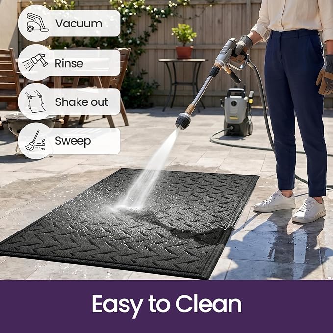 DEXI Front Door Mat Outside Entrance, 17x30 Heavy Duty Entry Doormat Dirt Trapper with Rubber Back, Non Slip Low Profile Floor Mats for Entryway Exterior Patio, Wave Charcoal