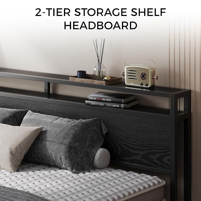 LIKIMIO California King Bed Frames with 2-Tier Storage Shelf Headboard | Dark Wood Platform Bed, Camas California King with Strong Metal Supports, Sturdy, Noise-Free, No Box Spring Needed, Black
