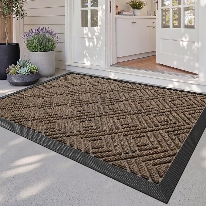 DEXI Front Door Mat Outside Entrance, 32x48 Heavy Duty Entry Doormat Dirt Trapper with Rubber Back, Non Slip Low Profile Floor Mats for Entryway Exterior Patio, Checkered Brown
