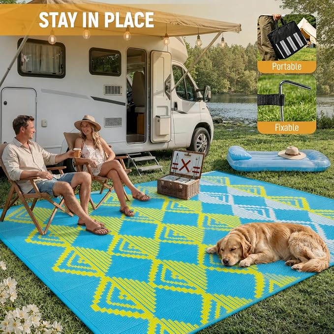 Lahome Outdoor Rugs 8x10 Waterproof, Reversible Plastic Large Outdoor Rug for Patios, Outside RV Mat Carpet for Deck Porch Backyard Balcony Picnic Trailer (Blue/Yellow, 8' x 10')