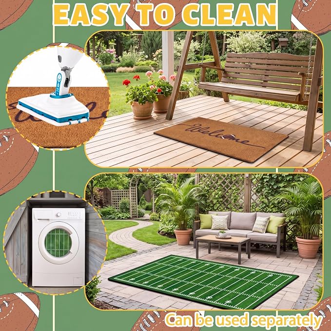 Moucuny 2 Pcs Football Doormat Outdoor, Welcome Coir Football Mat 16 x 28, Layered Green Decor Field Rugs 24 x 35, Non-Slip Sports Front Door Porch Entryway Decor for Man Cave, Game Day, Home Gym