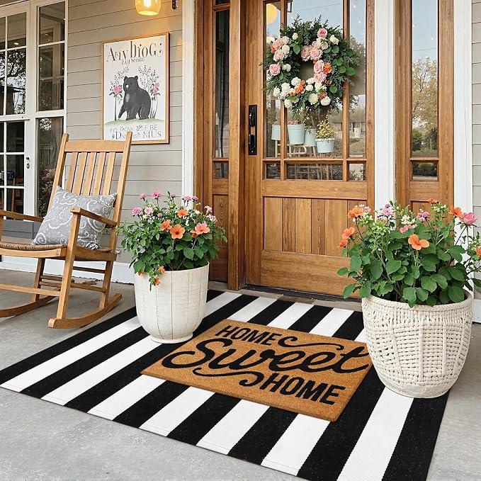 Collive Black and White Outdoor Rug 3'x 5', Hand Woven Washable Striped Outdoor Rug, Farmhouse Fall Front Porch Rug Decor, Welcome Layered Door Mats for Front Door Entryway Patio