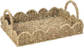 Household Essentials Seagrass Decorative Tray with Scalloped Edge, Handwoven Natural Wicker Organizer Basket with Handles & Iron Frame for Coffee Tables, Bathrooms & Countertops