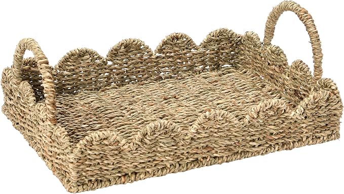 Household Essentials Seagrass Decorative Tray with Scalloped Edge, Handwoven Natural Wicker Organizer Basket with Handles & Iron Frame for Coffee Tables, Bathrooms & Countertops