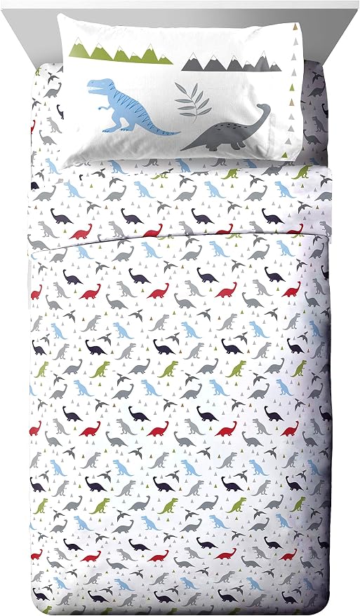Trend Collector Dinosaur Toddler Comforter Set 4 Piece Bedding, Gray | Bed in a Bag, Comforter Sheets Pillowcase, Official Brand, Soft Microfiber, Machine Washable, Easy Care, Boys Gift