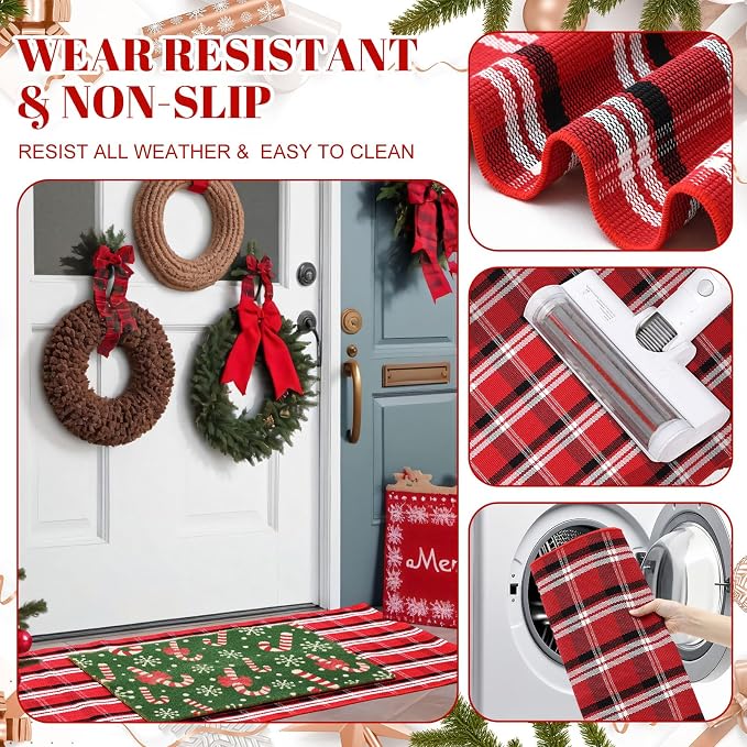 2 Pcs Outdoor Door Mat Combo Set Layered Outdoor Rug and Coir Welcome Doormat Non Slip Outside Floor Mat for Front Porch Entryway Patio Yard Decor(Candy Cane,24'' X 51',18'' X 28'')