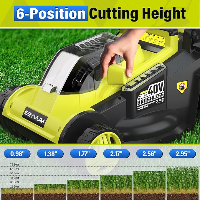 SEYVUM 40V 16" Cordless Lawn Mower with 2×4.0Ah Battery, 45L Collection Bag | 6-Position Height Adjustment, 2.4A Fast Charger Included