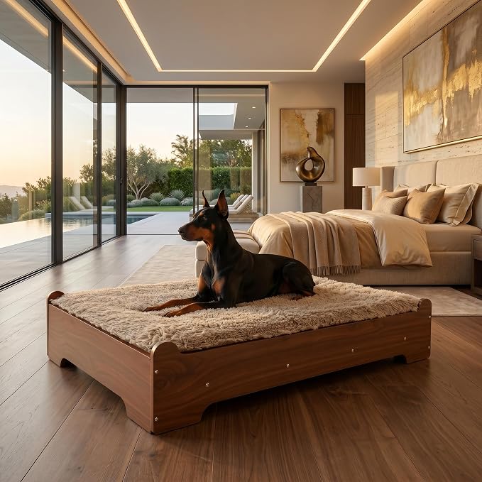 Elevated Wooden Dog Bed with Foam Mattress, Walnut, Large | Raised Dog Bed with Washable Cover and Supportive Foam Mattress, Crafted for Large Dogs and Modern Homes