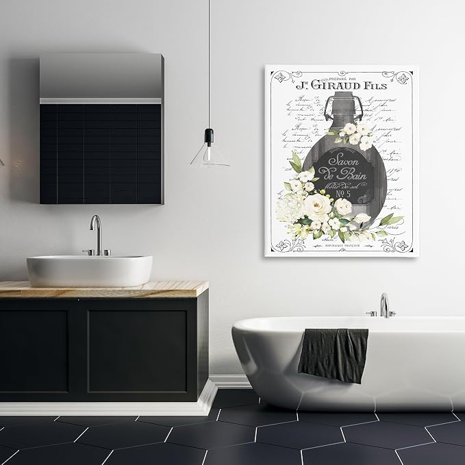 Vintage French Bath Soap Floral Print, 36 x 48 Inch Canvas Wall Art | Stupell Industries · By Lettered and Lined · Ready to hang · Elegant bath and laundry decor · Made in USA