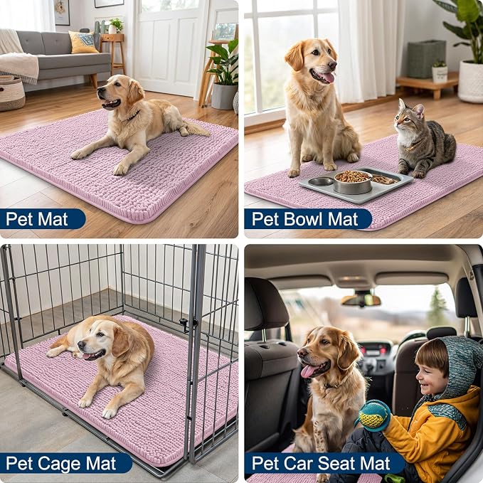 Smiry Dog Door Mat for Muddy Paws 47x24, Absorbent Dirt Trapper, Non-Slip Washable Chenille Entryway Rug for Inside Floor, Dusty Rose, Classic Solid